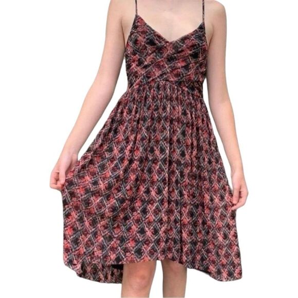 Free People Red Black Leaf Pattern Chiffon Spaghetti Strap Sun Dress - Picture 1 of 10